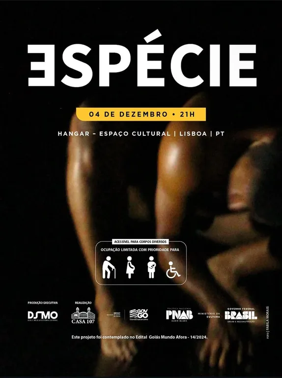 Cartaz do espetáculo de teatro físico ESPÉCIE anunciando a apresentação de 4 de dezembro às 21h no Hangar — Espaço Cultural, em Lisboa, Portugal.