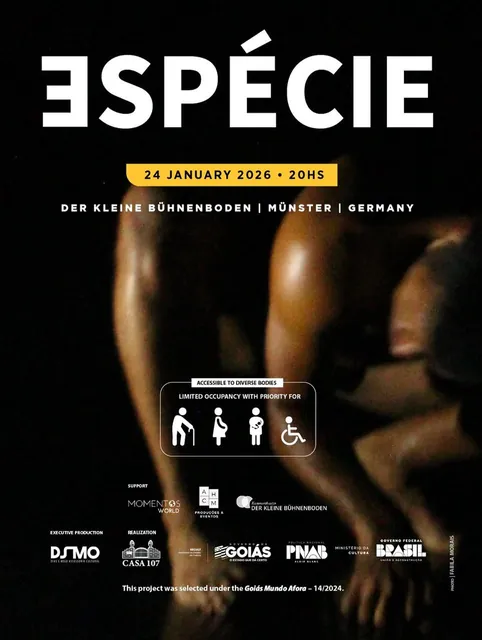 Cartaz do espetáculo de teatro físico ESPÉCIE anunciando a apresentação de 24 de janeiro de 2026 às 20h no Der Kleine Bühnenboden, em Münster, Alemanha.