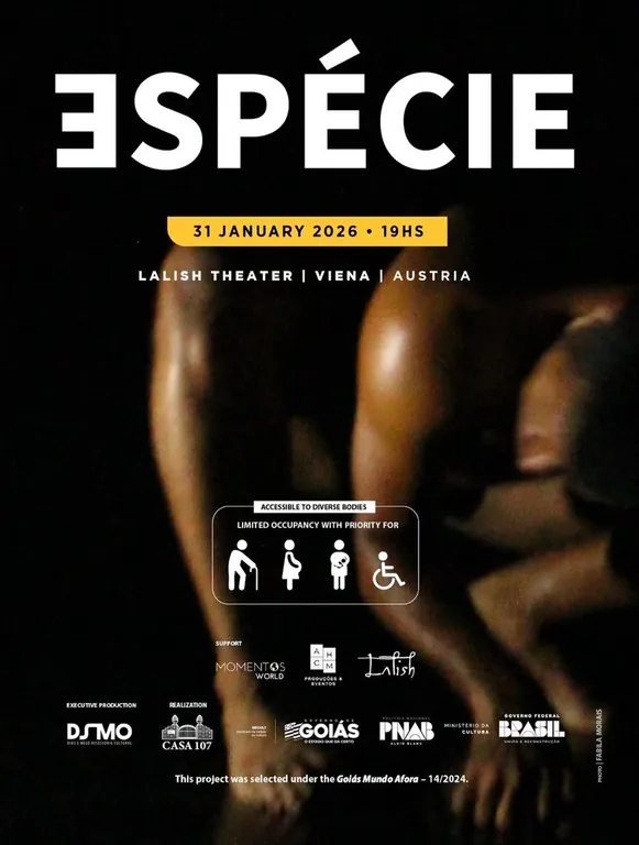 Cartaz do espetáculo de teatro físico ESPÉCIE anunciando a apresentação de 31 de janeiro de 2026 às 19h no Lalish Theater, em Viena, Áustria.