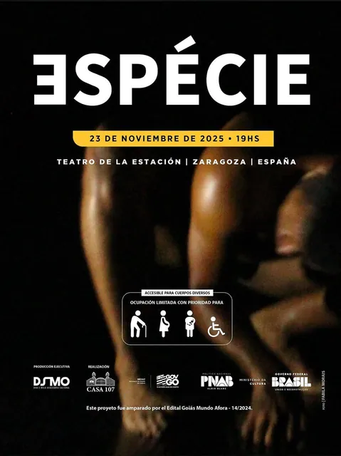 Cartaz do espetáculo de teatro físico ESPÉCIE anunciando a apresentação de 23 de novembro de 2025 às 19h no Teatro de la Estación, em Zaragoza, Espanha.