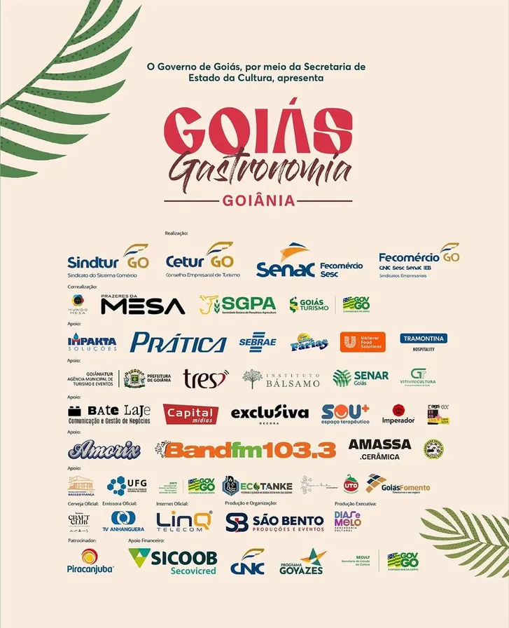 Cartela oficial de apresentação do Goiás Gastronomia pelo Governo de Goiás, com o selo "O Governo de Goiás, por meio da Secretaria de Estado da Cultura, apresenta" e os logotipos de todos os realizadores, apoiadores e patrocinadores, incluindo a Dias e Melo como produção executiva.